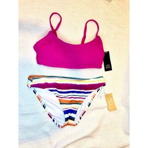 New 2 piece Bikini - Smocked Bralerte Top & Multi Bright Striped Hipster Bottom
